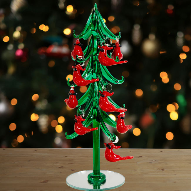 Glass Evergreen Tree with Cardinal Ornaments