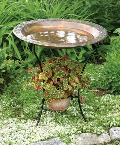 Ancient Graffiti Steel Bird Bath and Stand, Copper Plated