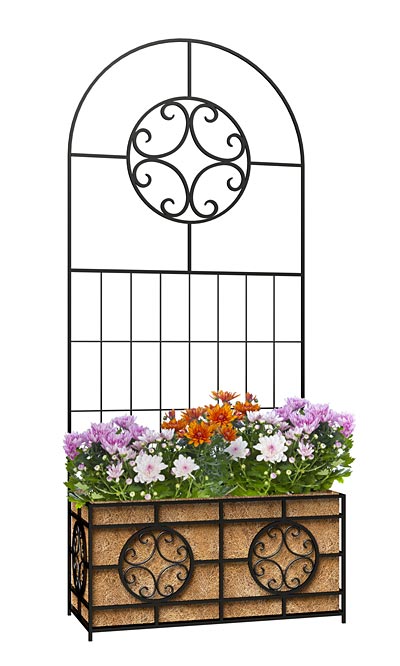 Panacea Wide Scroll Planter Trellis w/Coco Liner, Black, 76"