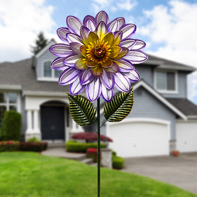 Metal Blooming Dahlia Garden Stake, Purple and Yellow