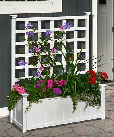 New England Huron Planter Box with Trellis, White, 48"H